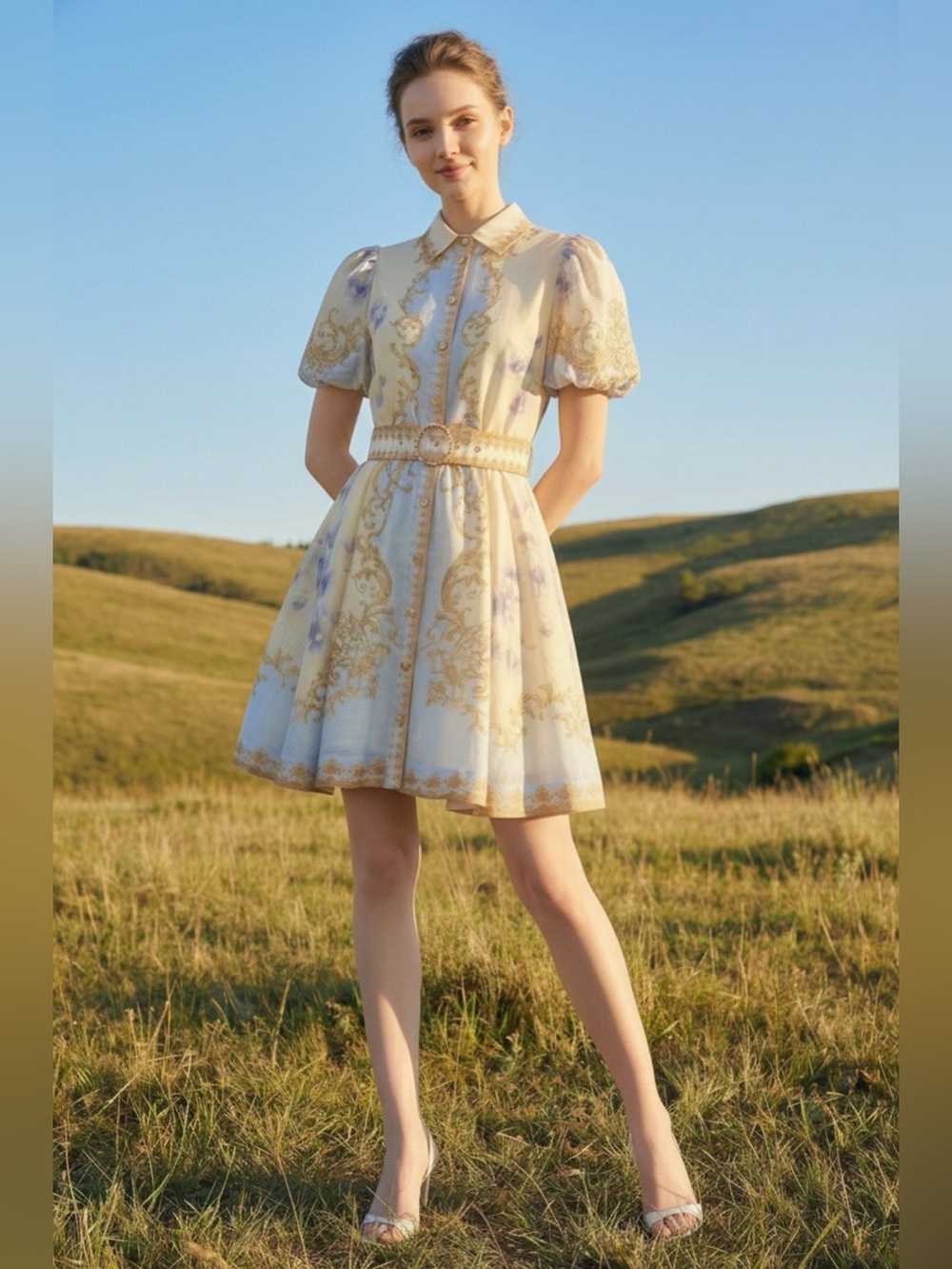 Cream and Gold Printed Puff-Sleeve Belted Dress